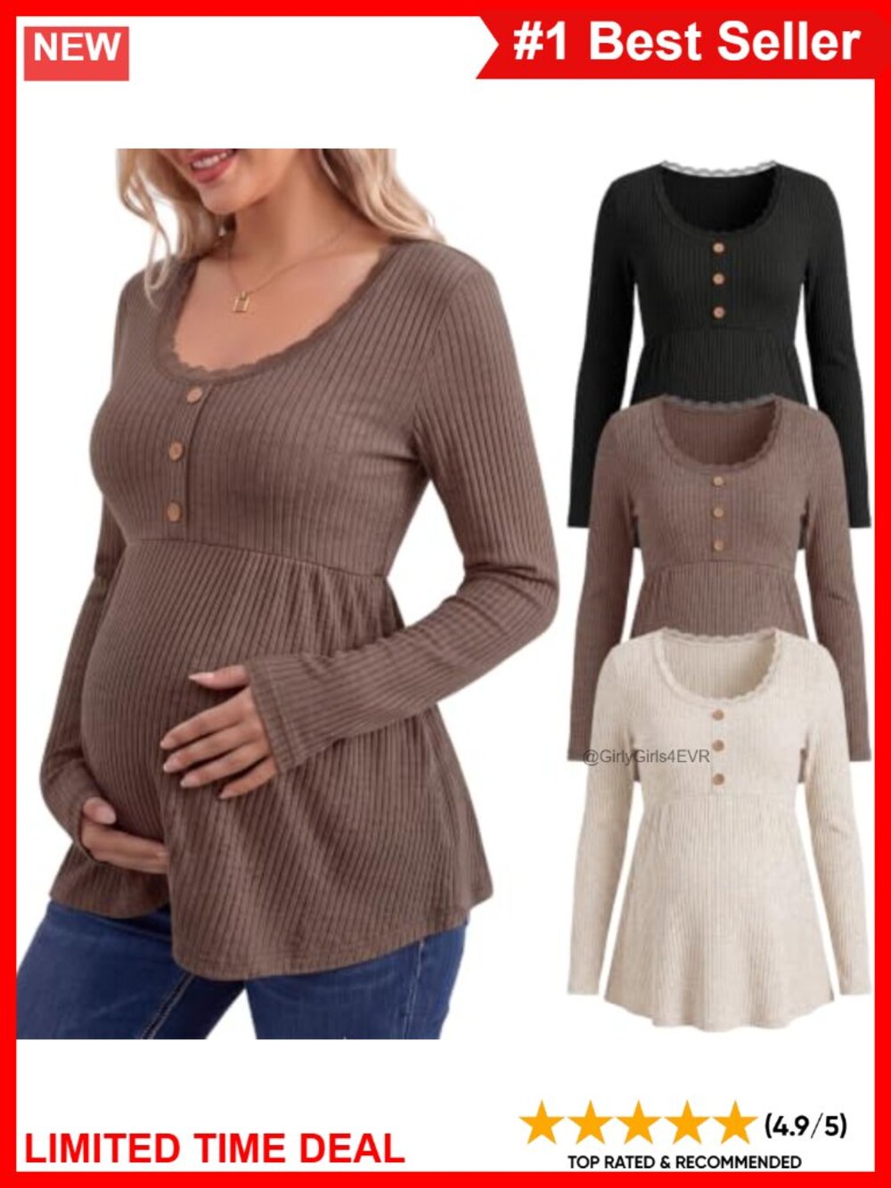 3 Pack Maternity Ribbed Lace Pregnancy Tunic Tops Long Sleeve